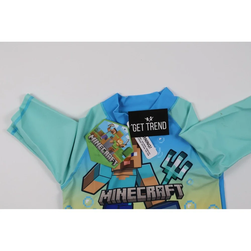 Minecraft Swimsuit Rash Guard Trunks Set Blue Character Print Size 7/8 NWT